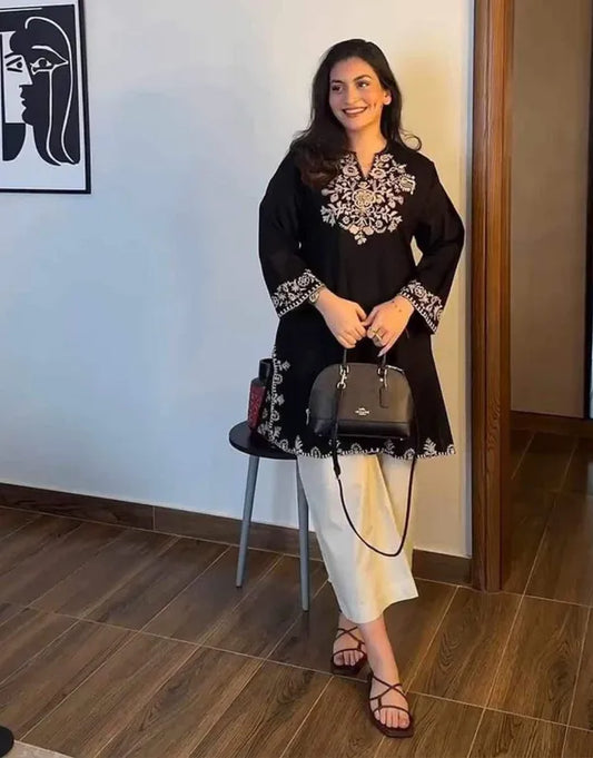 short black embroidered kurta with pants (Buy 1 Get 1 Free)