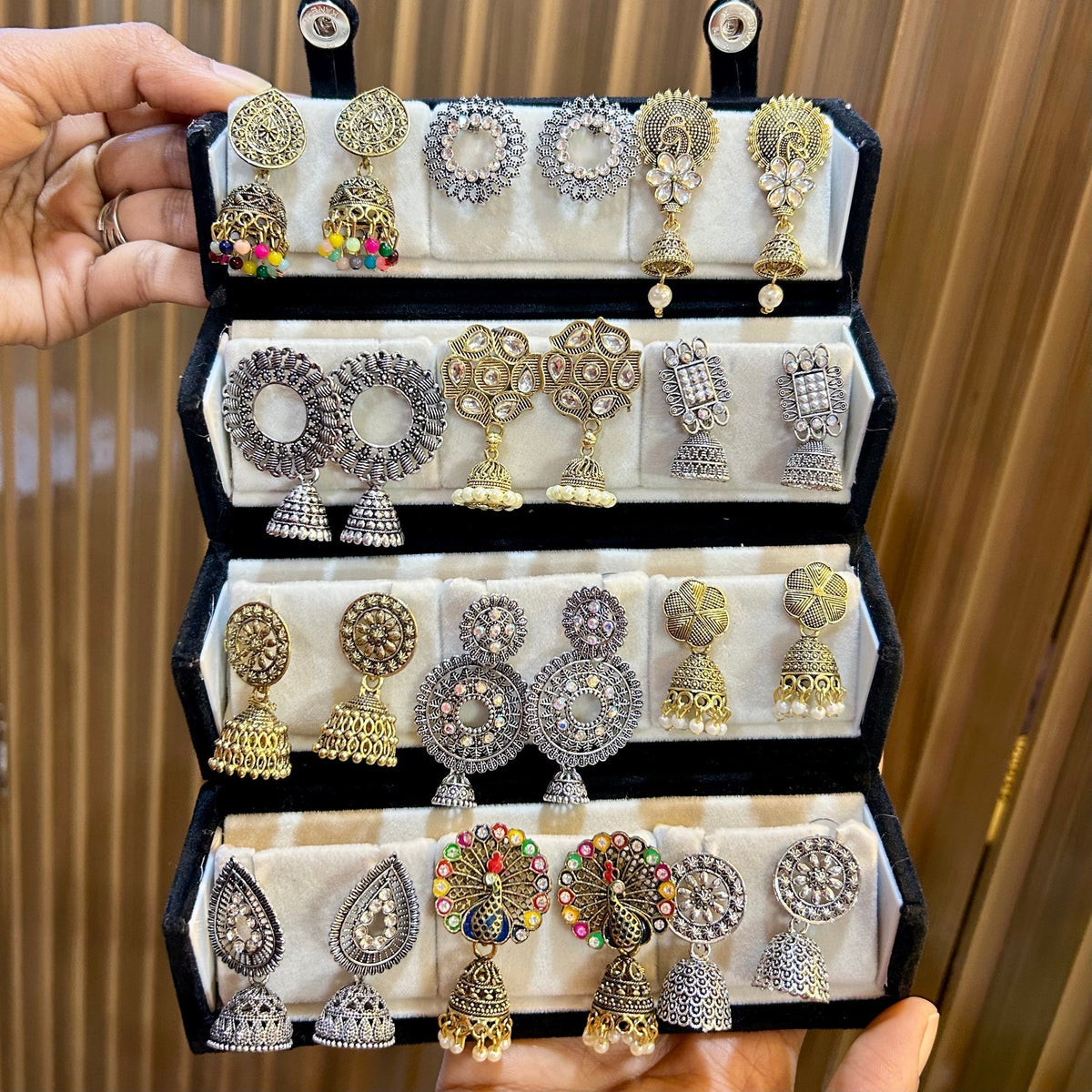 Set of 12 Oxidised Jhumka with Black Jewellery Box