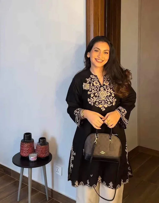 short black embroidered kurta with pants  (Buy 1 Get 1 Free)